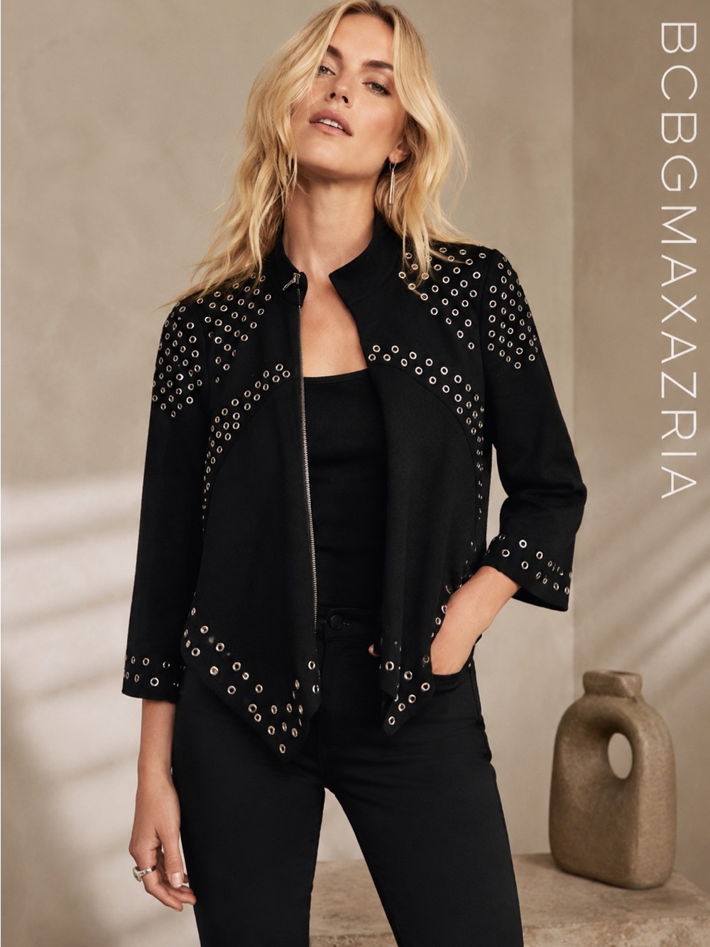 BCBGMaxAzria Black Grommet-Trimmed Open Front Jacket